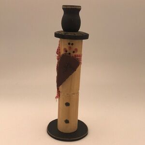 Wood Handcrafted‎ Rustic Folk Art Snowman Candle Holder w/ Heart & Plaid Scarf